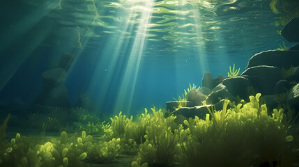 Fototapeta premium Green bright algae growing underwater