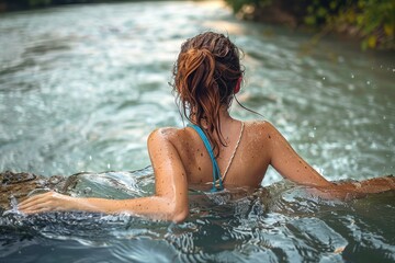 Obraz premium A young woman is captured from behind, swimming in a peaceful river, surrounded by the beauty of nature and the golden hour light