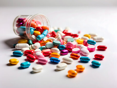 An assortment of colourful pills and capsules is scattered on a white background depicting medical treatment—3d design.