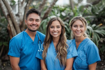 Three cheerful medical professionals in blue scrubs posing outdoors showing camaraderie and happiness