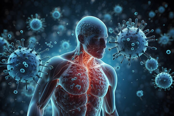3D medical background featuring a male figure surrounded by virus cells design. - obrazy, fototapety, plakaty