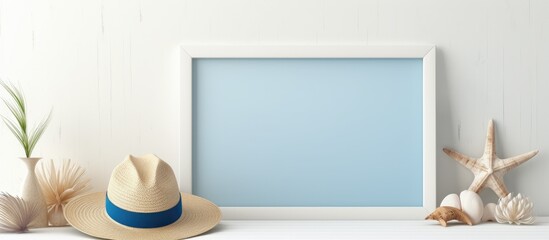 A rectangular wood picture frame with an electric blue sun hat, a fedora hat, a cap, a starfish, and seashells displayed on a shelf - obrazy, fototapety, plakaty