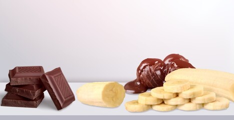 Tasty sweet Chocolate with fresh Sliced Bananas