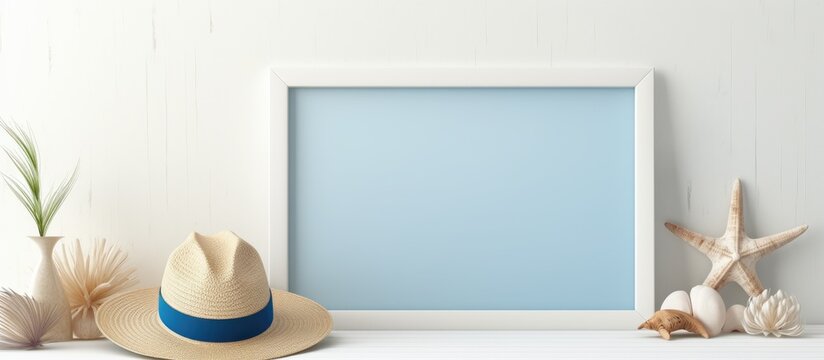 A rectangular wood picture frame with an electric blue sun hat, a fedora hat, a cap, a starfish, and seashells displayed on a shelf