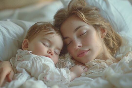 A blond woman and her baby are peacefully sleeping on a bed, sharing a moment of comfort and happiness. Both have smiles on their faces, showcasing a bond filled with love and joy