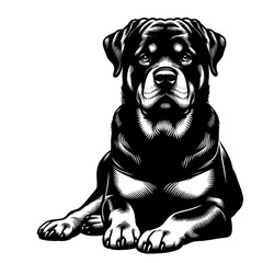Full-body Rottweiler dog laying down. Hand Drawn Pen and Ink. Vector Isolated in White. Engraving vintage style illustration for print, tattoo, t-shirt	
