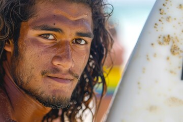Direct gaze from a young surfer holding a surfboard, sandy backdrop