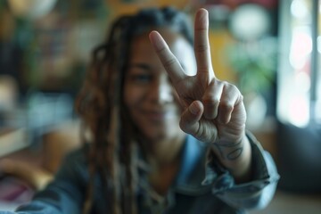 Focused on a peace sign from a young woman with dreadlocks, blurred background