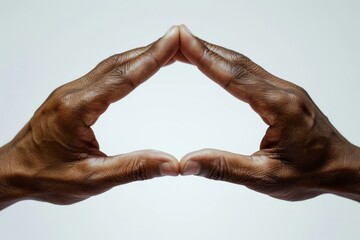 Artistic image of dark-skinned hands forming a diamond shape with thumbs and forefingers against a white background - obrazy, fototapety, plakaty