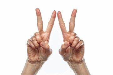 Two hands with fingers raised in a 'V' shape symbolizing peace or victory isolated on a white background