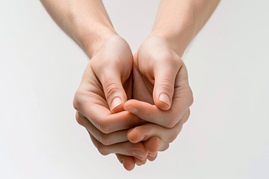 This image captures the delicate gesture of hands cupping together against a white background, symbolizing care and protection