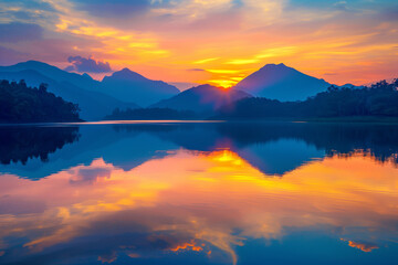 Mountain Lake Sunset: Blue and Orange Hues Reflecting on Lake on the background of mountains