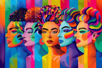 Celebrating Diversity: Pop Art Illustration of Pride Day and the LGBT Community. Women against a background of iridescent colors with colorful rainbow makeup.