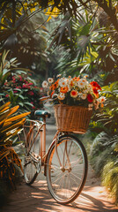 Fototapeta na wymiar White lady's bicycle with a beautiful flower basket on front.