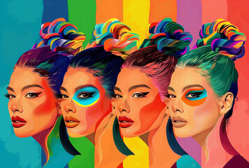 Women against a background of iridescent colors with colorful rainbow makeup. Pop Art Reflections...