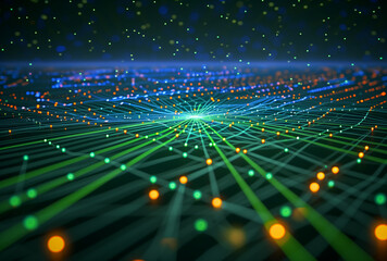 Futuristic Network Composition: Blue and green grid with luminous connections and nodes symbolizing global interconnectivity in the world of blockchain technology
