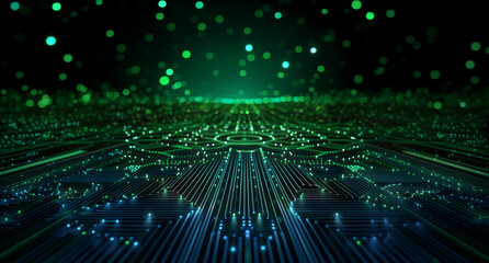 Rendering of green glowing data points on a black background with a circuit board pattern in the center with a bokeh effect. Abstract futuristic digital technology, science and cyberspace concept 