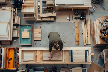 The top-down image showcases a woodworking area cluttered with tools, creating a sense of busy craftsmanship and manual labor - obrazy, fototapety, plakaty