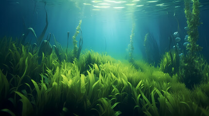 Green bright algae growing underwater