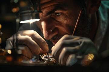 An intimate portrayal of precision and, old-fashioned craftsmanship as a watchmaker works on vintage timepieces - obrazy, fototapety, plakaty