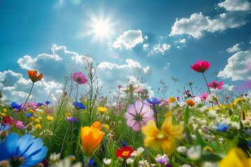 Colorful Meadow Blooms against blue sky and bright sunshine: Spring Floral Landscape
