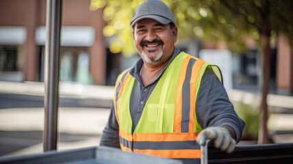Mature Latino worker in gray uniform with reflective vest, cleaning urban streets.