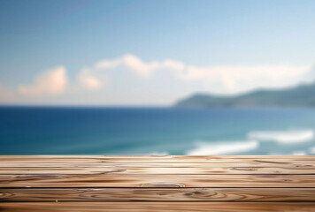 Oceanfront Wooden Table: Serenity by the Sea. Mockup for your design