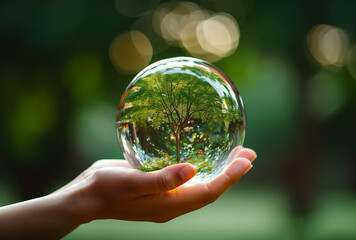 Woman Hand Holding Earth Crystal Globe: Ecology and Technology Concept