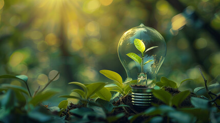 Renewable Energy in Harmony with Nature: Light bulb with sprouting green sprout inside against a background of green grass - 768319527