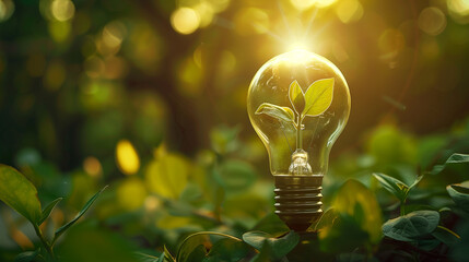 A light bulb with a sprouting green sprout inside against a background of green grasses in a forest, with a glowing reflection of sunlight. The concept of green energy - 768319534