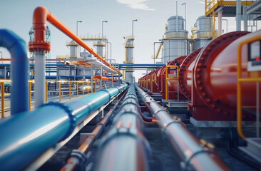 Close-Up of Pipeline and Pipe Rack in Petroleum, Сhemical, Hydrogen or Ammonia Plant