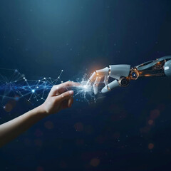 Digital Touch: Human Finger and Robot Finger Symbolizing Collaborative Future.  On a dark blue background studded with glowing particles. - 768319707
