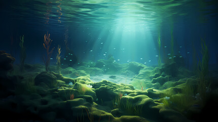 Fototapeta premium Green bright algae growing underwater