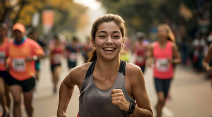 A woman with a radiant smile enjoys outdoor running. Running marathon. Healthy life