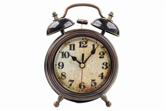 An antique-style alarm clock with rust and patina telling time, symbolizing punctuality and the passage of time