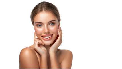 Smiling young woman gently touching her flawless glowing skin. Transparent background. Place for skin care products advertisement - 768319901