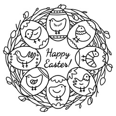 Easter eggs with birds ornaments on willow wreath. Printable colouring page for kids. Outline black and white vector illustration.