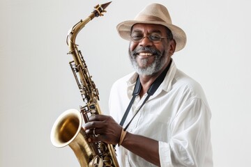 Fototapeta premium Experienced jazz musician smiling while holding a saxophone ready to play