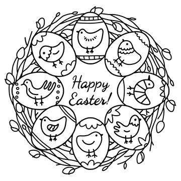 Easter eggs with birds ornaments on willow wreath. Printable colouring page for kids. Outline black and white vector illustration.