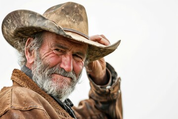 Fototapeta premium A seasoned cowboy with a rugged look tipping his old western hat, with a clear sky as a backdrop