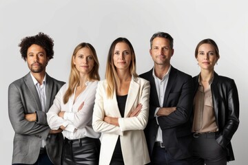 A team of five business professionals in formal attire standing confidently in a studio setting