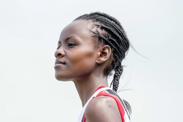 A young African female athlete with a determined look, focusing on her goals
