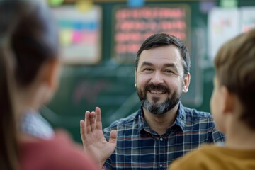 A bearded male teacher is smiling and high-fiving a young student in a classroom setting