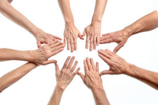 A top view image showing a group of diverse hands joined in a circle symbolizing unity and teamwork