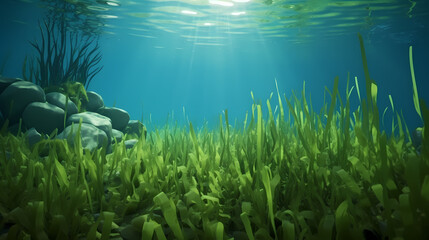 Green bright algae growing underwater - obrazy, fototapety, plakaty