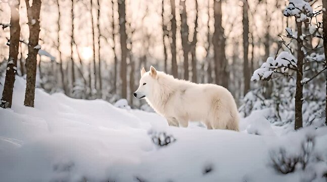 Winter's Majesty: Portrait of White Arctic Wolf Amidst a Snowy Forest, Serenaded by the Howling Wind
