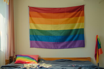Room with gay flag, rainbow colored fabric on the wall over a big bed for lgbt couples