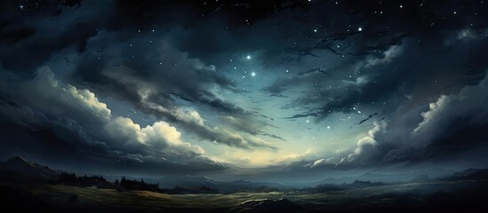 A mesmerizing painting depicting a night sky filled with fluffy cumulus clouds and twinkling stars, capturing the tranquil atmosphere of a natural landscape at dusk - obrazy, fototapety, plakaty