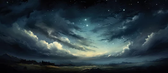 Foto op Canvas A mesmerizing painting depicting a night sky filled with fluffy cumulus clouds and twinkling stars, capturing the tranquil atmosphere of a natural landscape at dusk © TheWaterMeloonProjec
