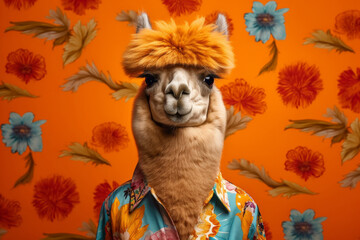 Fototapeta premium a lama in an orange shirt as a hippie, in the style of bold fashion photography